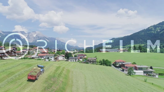 Aerial view of a tractor picking up hay with a view of the Alps