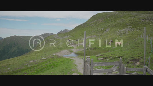 Landscape shot of fence with animals and hilly landscape