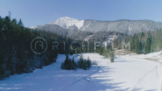 Aerial view in winter of a snow-covered mountain, field and a forest